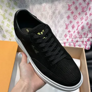 Louis Vuitton Black White Corduroy And Suede Upper Gold Monogram Script Detailing Lifestyle Sneakers