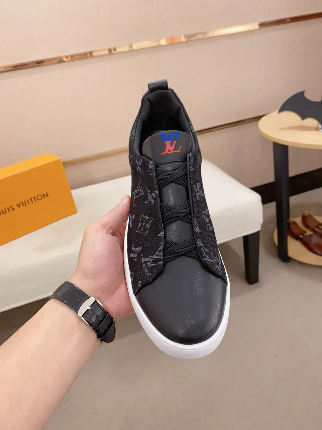 Louis Vuitton Black White Monogram Canvas Upper Smooth Leather Toe Cap Lifestyle Sneakers 5