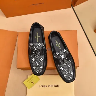 Louis Vuitton 黑白 印花皮革 金属 LV 扣带 乐福鞋