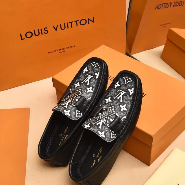 Louis Vuitton Black White Monogram-Printed Leather Metal LV Buckle Strap Loafer 3