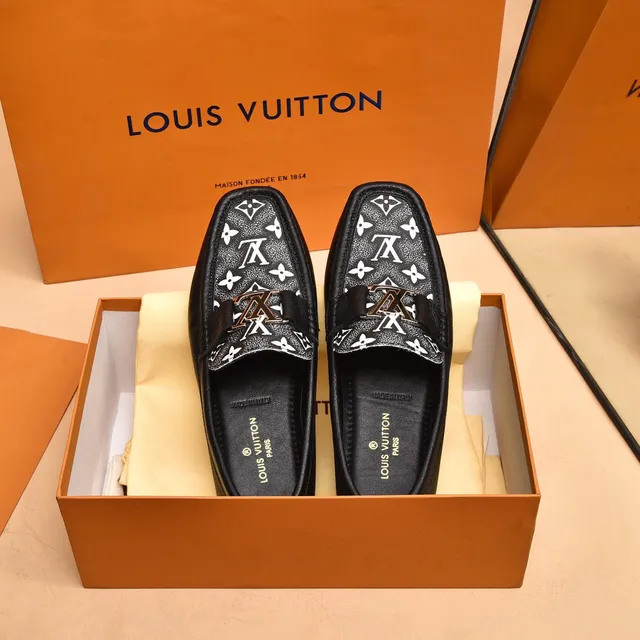 Louis Vuitton Black White Monogram-Printed Leather Metal LV Buckle Strap Loafer 5