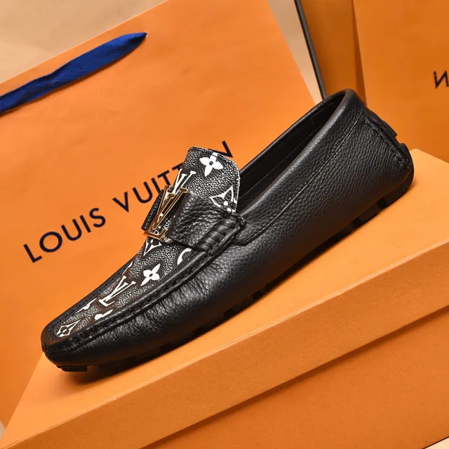 Louis Vuitton Black White Monogram-Printed Leather Metal LV Buckle Strap Loafer 6