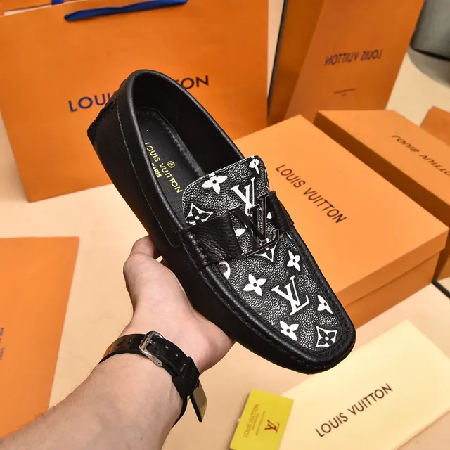 Louis Vuitton Black White Monogram-Printed Leather Metal LV Buckle Strap Loafer 7