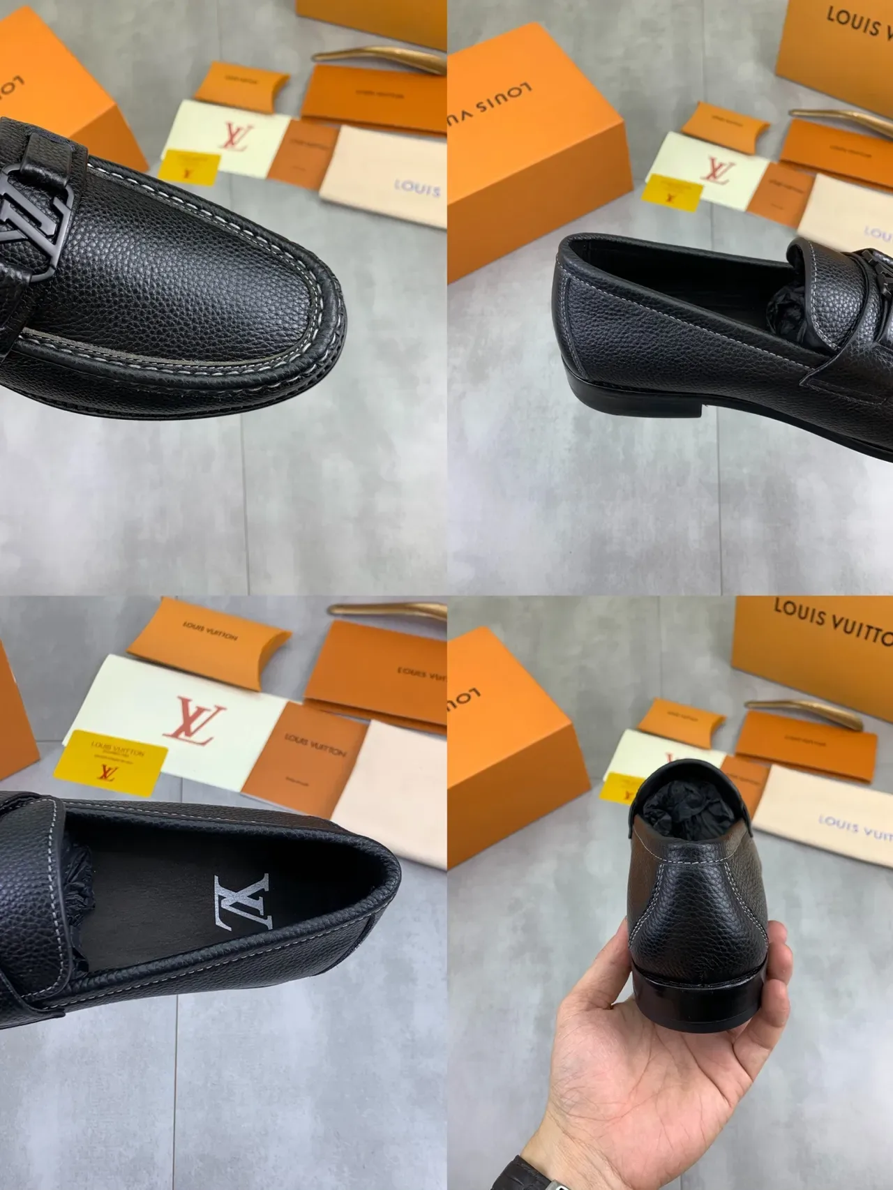 Louis Vuitton Black White Pebbled Leather LV Buckle Strap Loafer 2