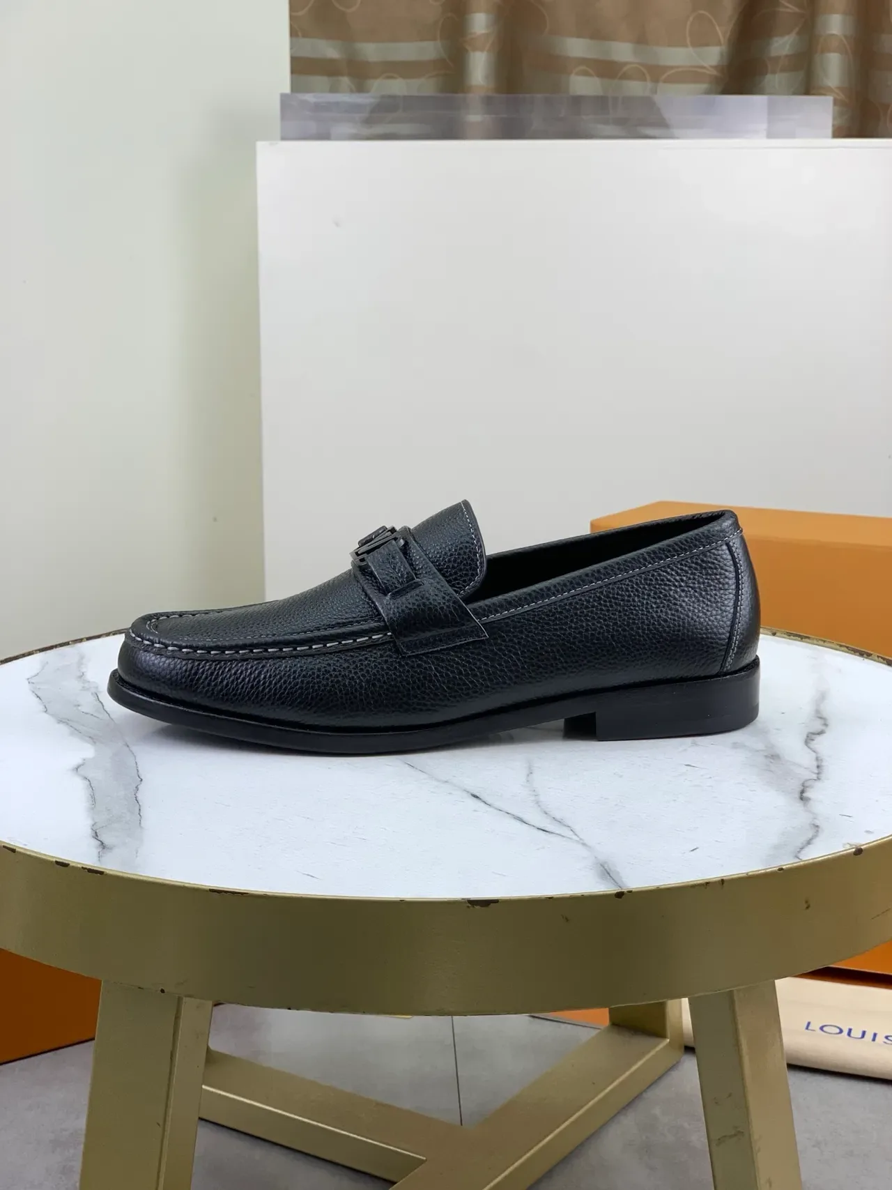 Louis Vuitton Black White Pebbled Leather LV Buckle Strap Loafer 5