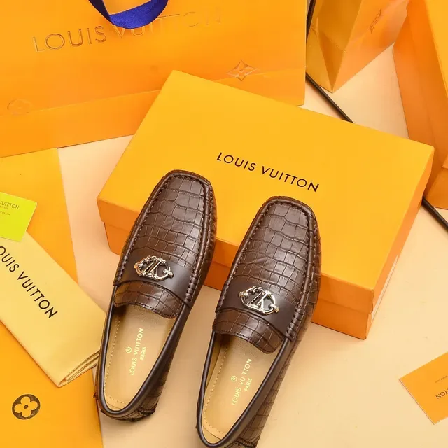 Louis Vuitton Brown Beige Croc-Embossed Leather Metal Twist-Lock Buckle Loafer 3