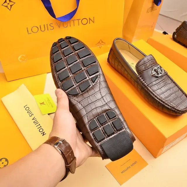 Louis Vuitton Brown Beige Croc-Embossed Leather Metal Twist-Lock Buckle Loafer 4