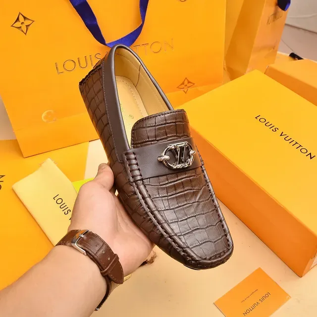 Louis Vuitton Brown Beige Croc-Embossed Leather Metal Twist-Lock Buckle Loafer 6