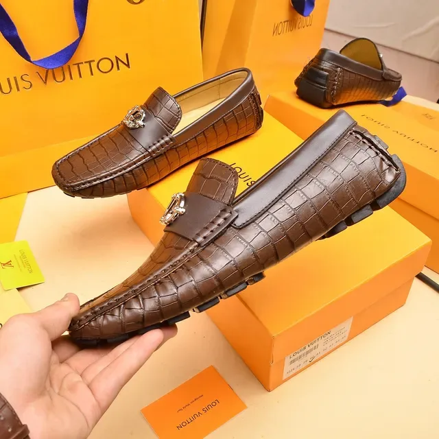 Louis Vuitton Brown Beige Croc-Embossed Leather Metal Twist-Lock Buckle Loafer 7