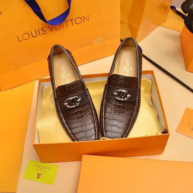 Louis Vuitton Brown Beige Croc-Embossed Leather Metal Twist-Lock Buckle Loafer 8