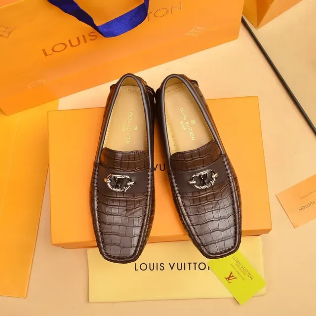 Louis Vuitton Brown Beige Croc-Embossed Leather Metal Twist-Lock Buckle Loafer 9