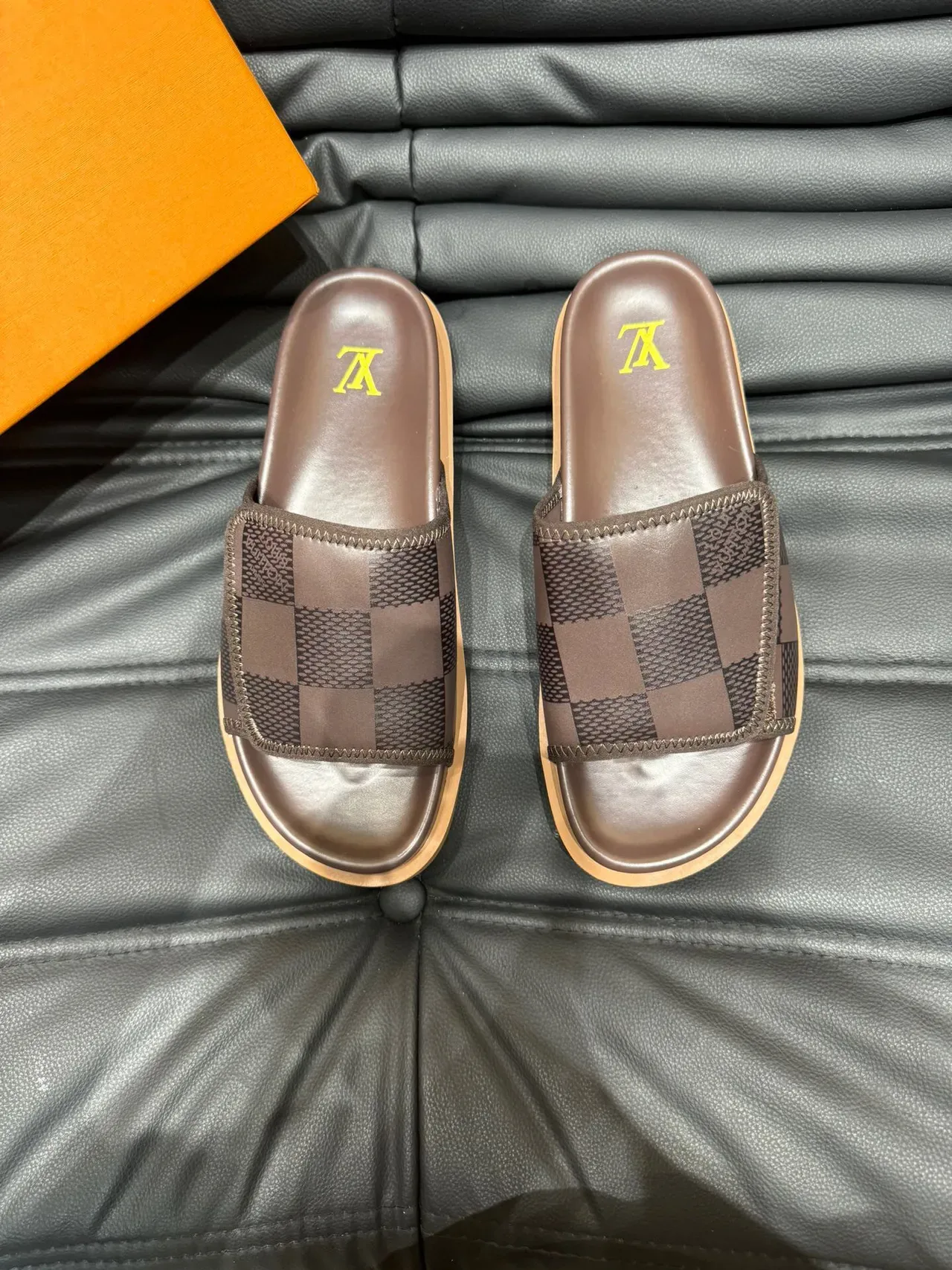 Louis Vuitton Brown Beige Damier Check Pattern Stitched Strap Edge Slippers 2