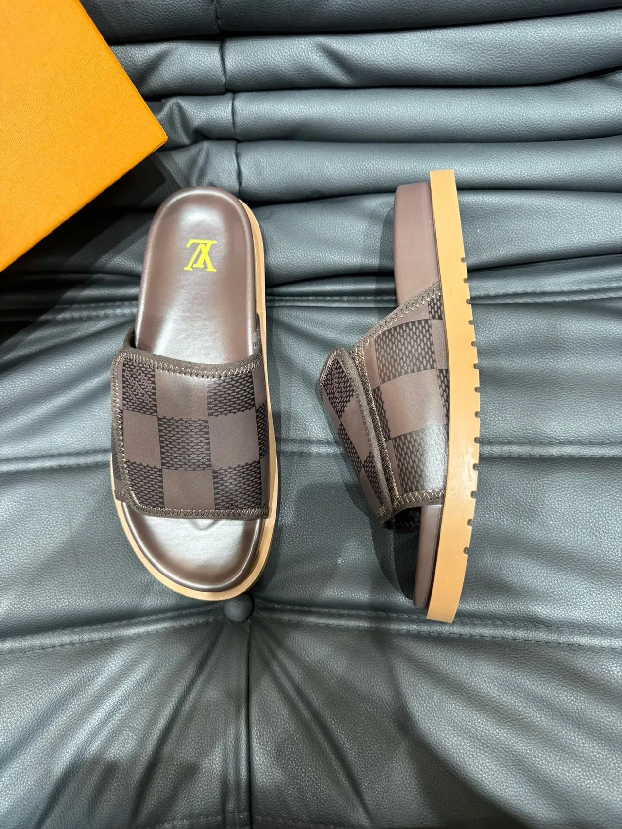 Louis Vuitton Brown Beige Damier Check Pattern Stitched Strap Edge Slippers 3