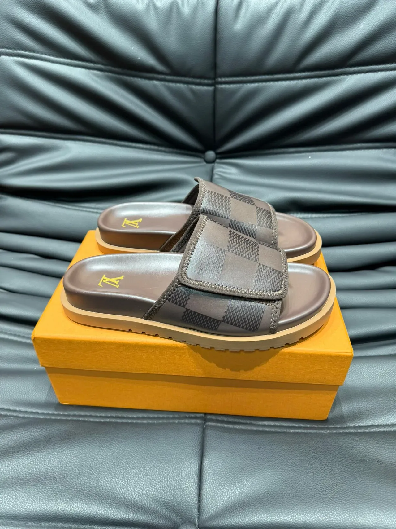 Louis Vuitton Brown Beige Damier Check Pattern Stitched Strap Edge Slippers 4