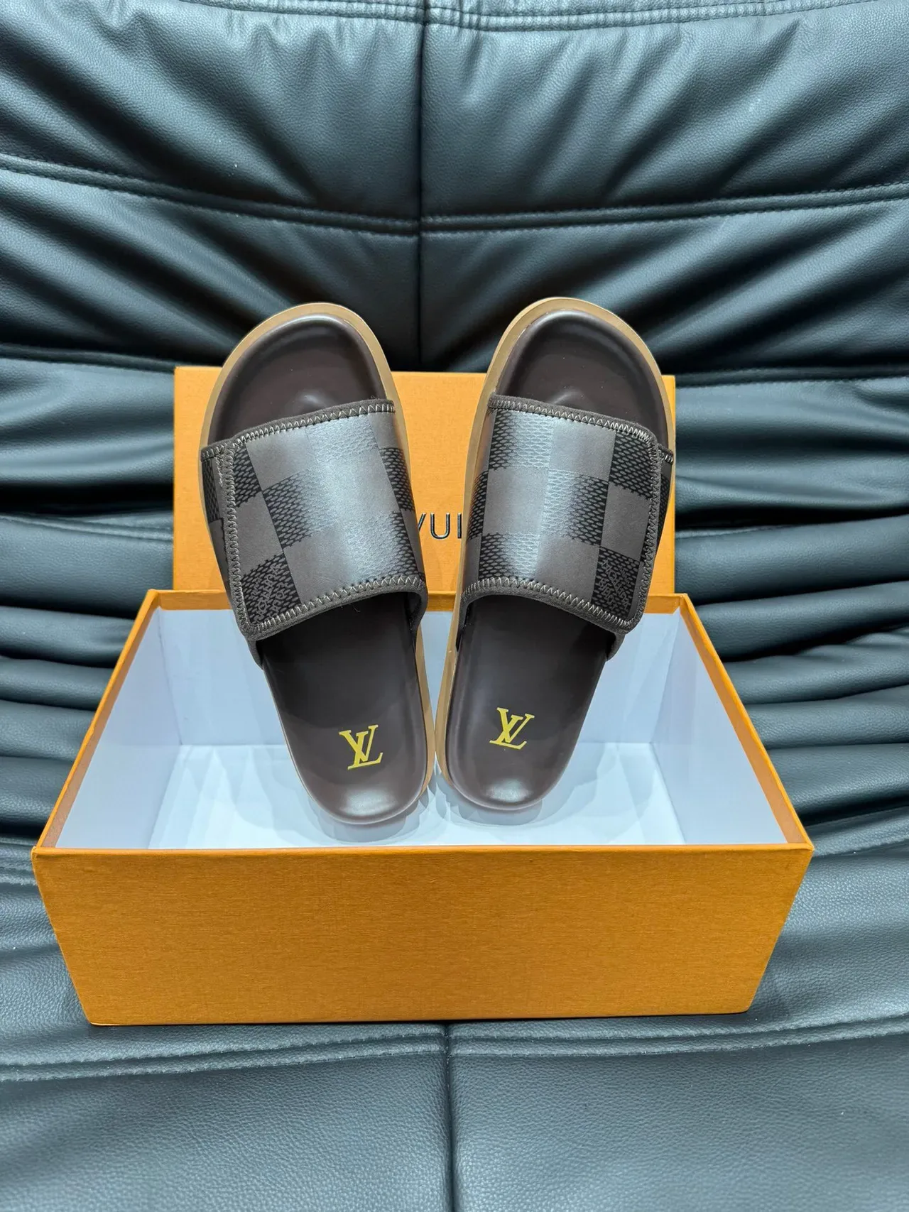 Louis Vuitton Brown Beige Damier Check Pattern Stitched Strap Edge Slippers 5