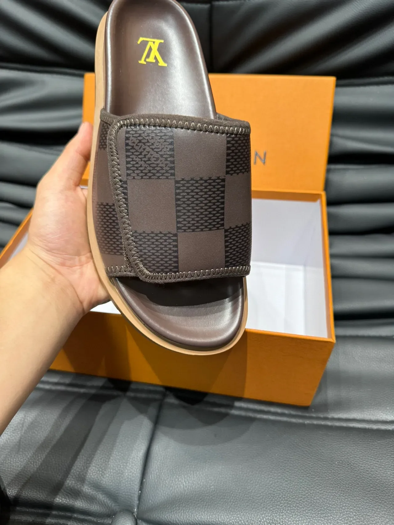 Louis Vuitton Brown Beige Damier Check Pattern Stitched Strap Edge Slippers 7