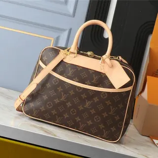 Louis Vuitton Brown Beige Monogram Canvas Tan Leather Trim Boston Bag