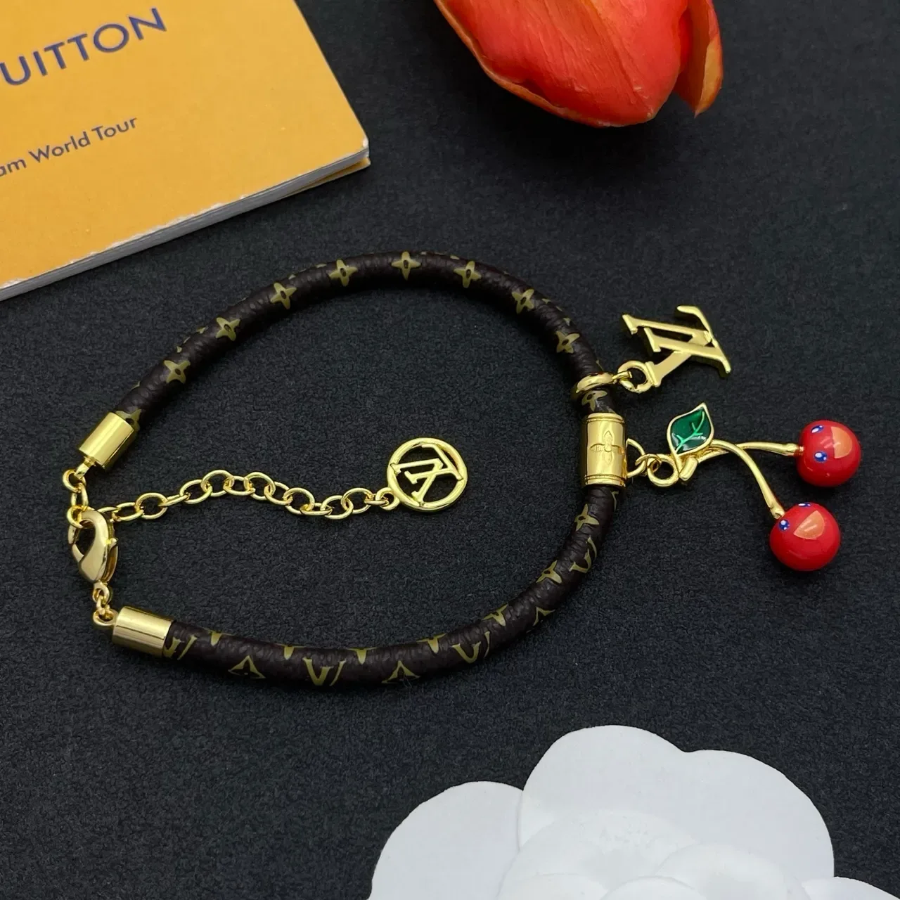 Louis Vuitton Brown Gold Braided Monogram Leather Cord Hardware Bracelet 6
