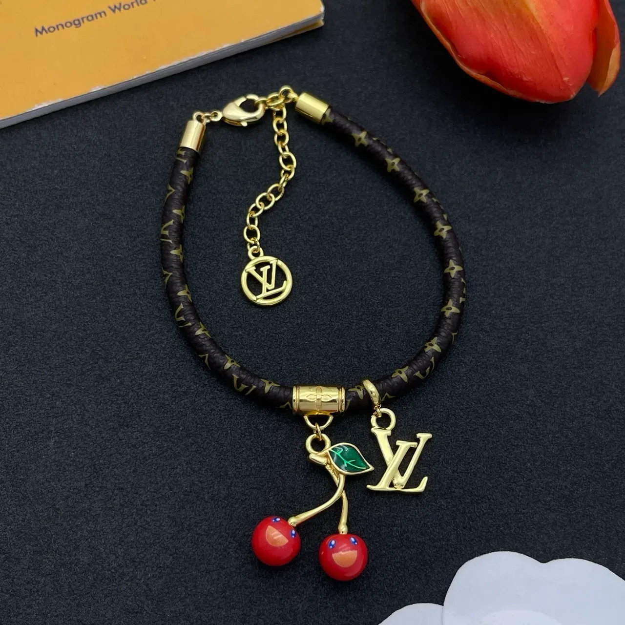 Louis Vuitton Brown Gold Braided Monogram Leather Cord Hardware Bracelet 7
