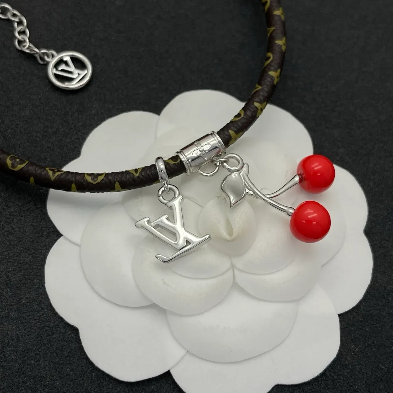 Louis Vuitton Brown Red Braided Monogram Leather Cord Silver-Tone LV Logo Charms Bracelet 3
