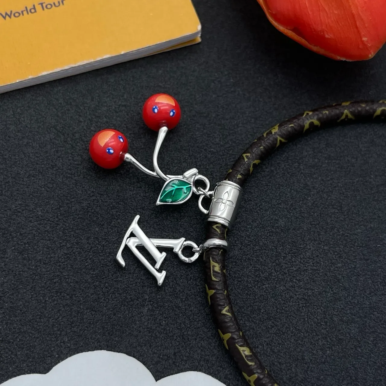 Louis Vuitton Brown Red Braided Monogram Leather Cord Silver-Tone LV Logo Charms Bracelet 4