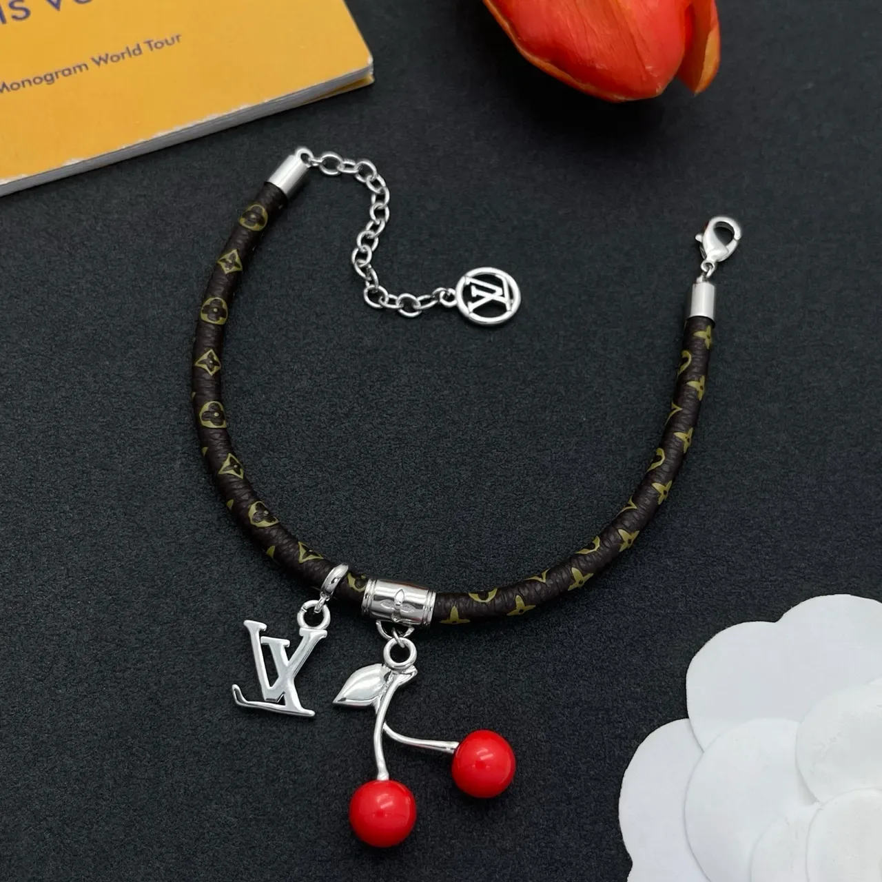 Louis Vuitton Brown Red Braided Monogram Leather Cord Silver-Tone LV Logo Charms Bracelet 5