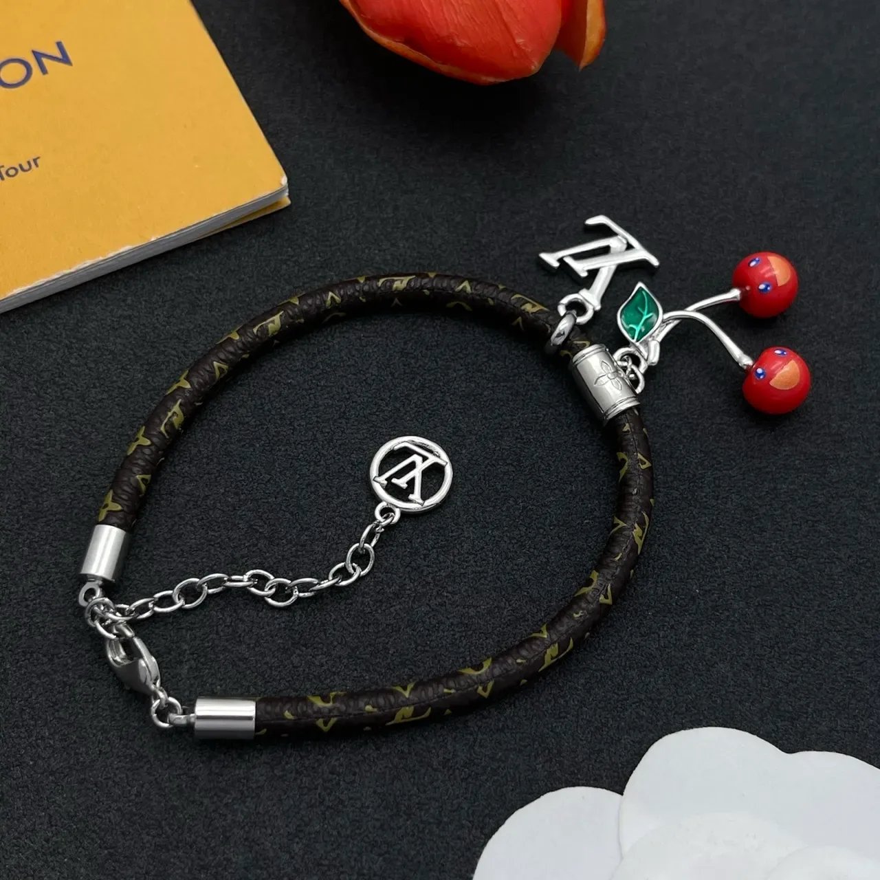 Louis Vuitton Brown Red Braided Monogram Leather Cord Silver-Tone LV Logo Charms Bracelet 6