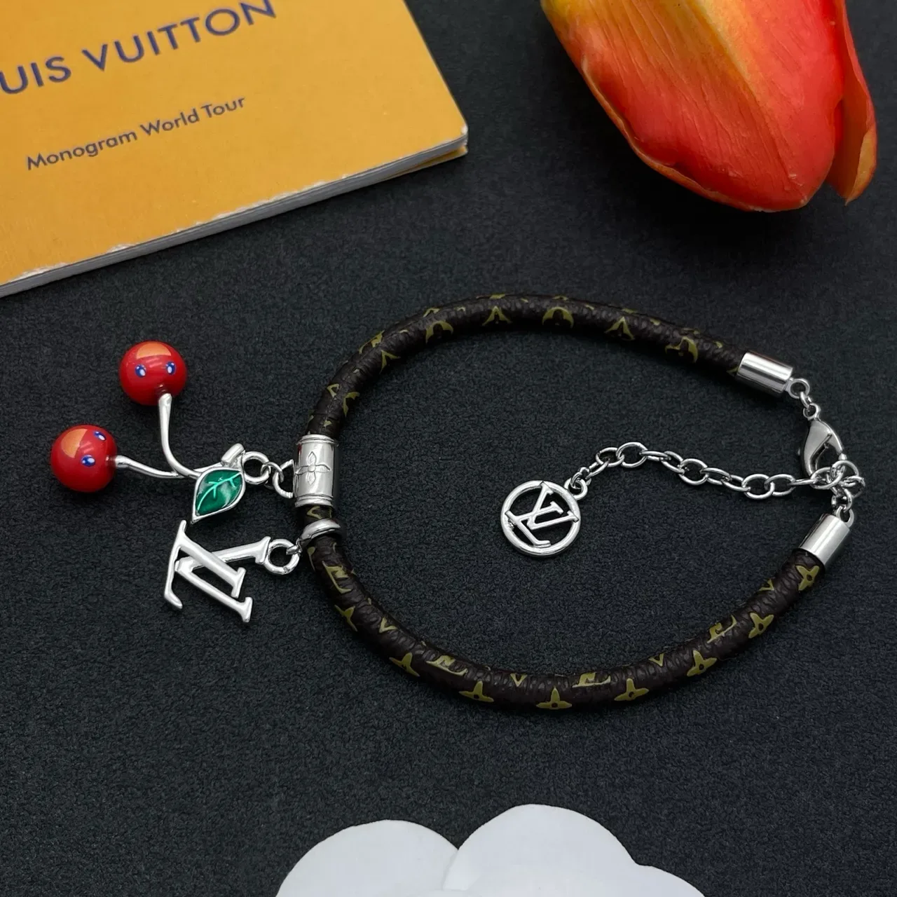 Louis Vuitton Brown Red Braided Monogram Leather Cord Silver-Tone LV Logo Charms Bracelet 7