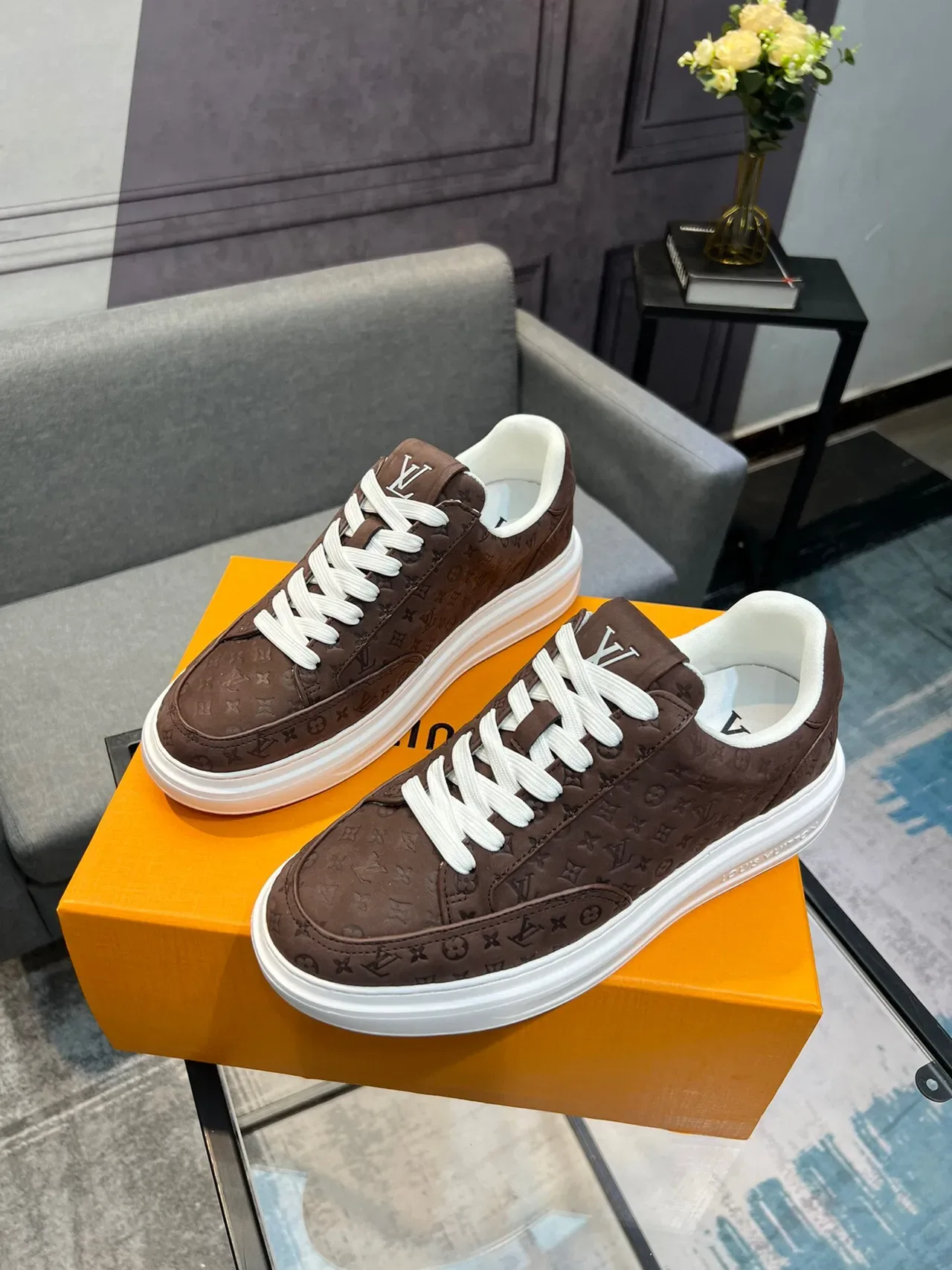 Louis Vuitton Brown White Monogrammed Upper Rubber Sole Lifestyle Sneakers 3