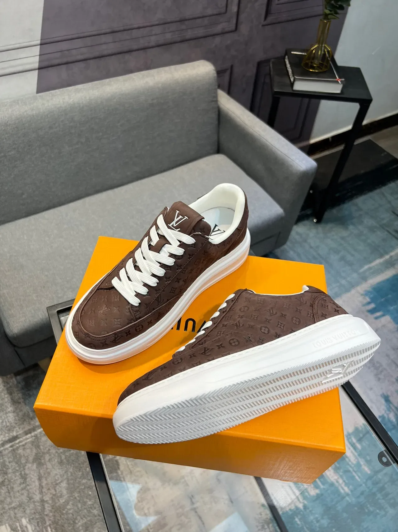Louis Vuitton Brown White Monogrammed Upper Rubber Sole Lifestyle Sneakers 4