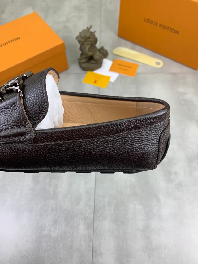 Louis Vuitton Buckled Loafer Brown Silver Pebbled Leather Metal LV Buckle Loafer 4