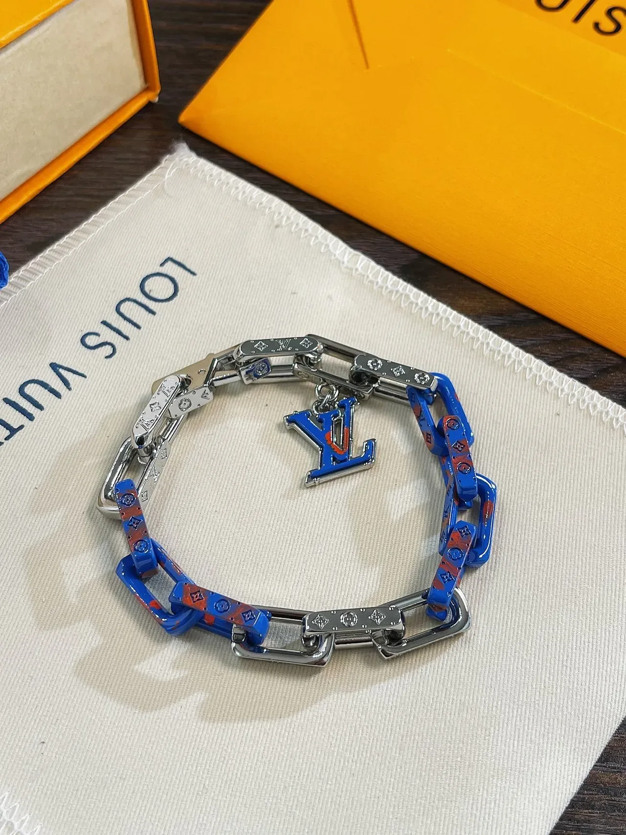 Louis Vuitton Chain Bracelet Blue Enamel Monogram Link Bracelet 5