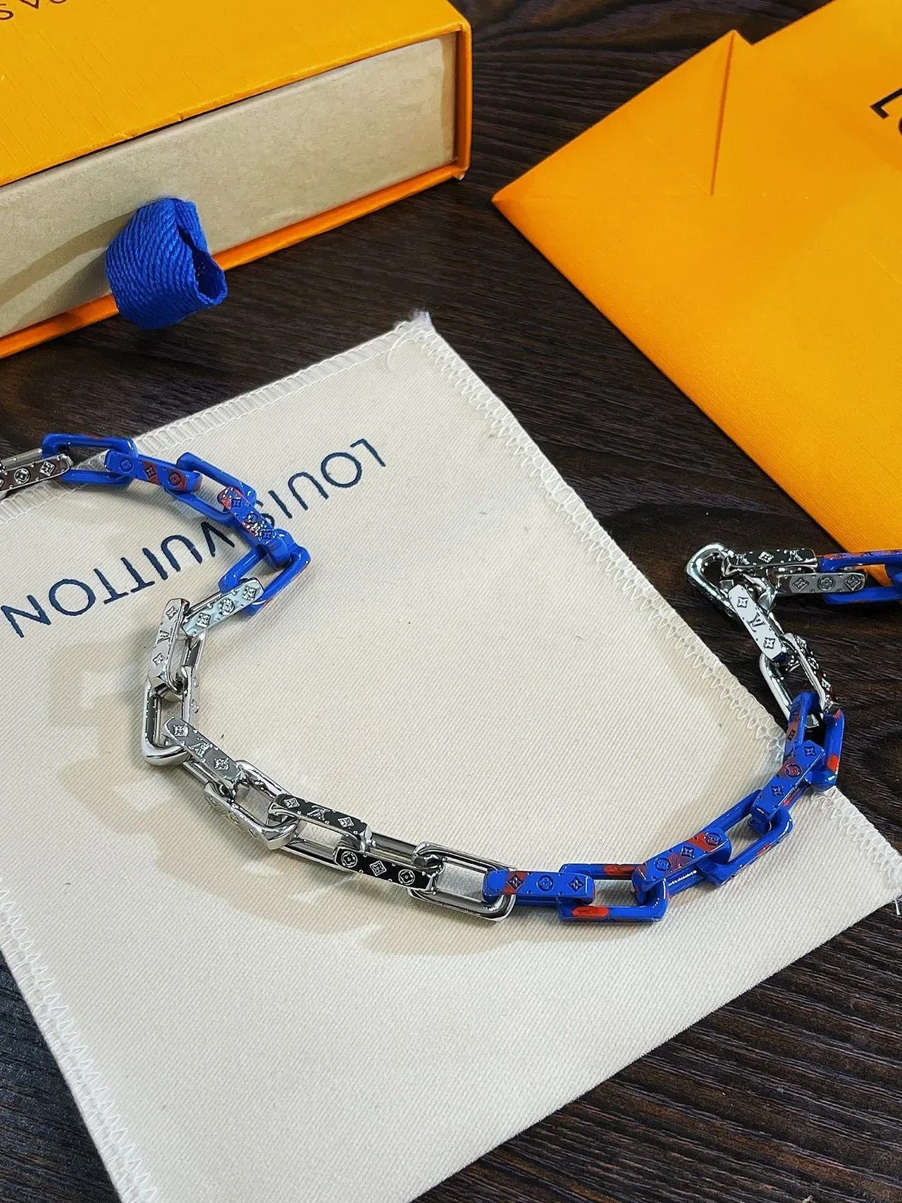 Louis Vuitton Chain Bracelet Blue Enamel Monogram Link Bracelet 7