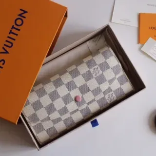 Louis Vuitton Damier Azur Beige Gray Checkerboard Canvas Pink Snap Button Long Wallet