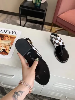 Louis Vuitton Damier Check Black Multicolor Flat Thong Checkerboard Strap Casual Sandals 8