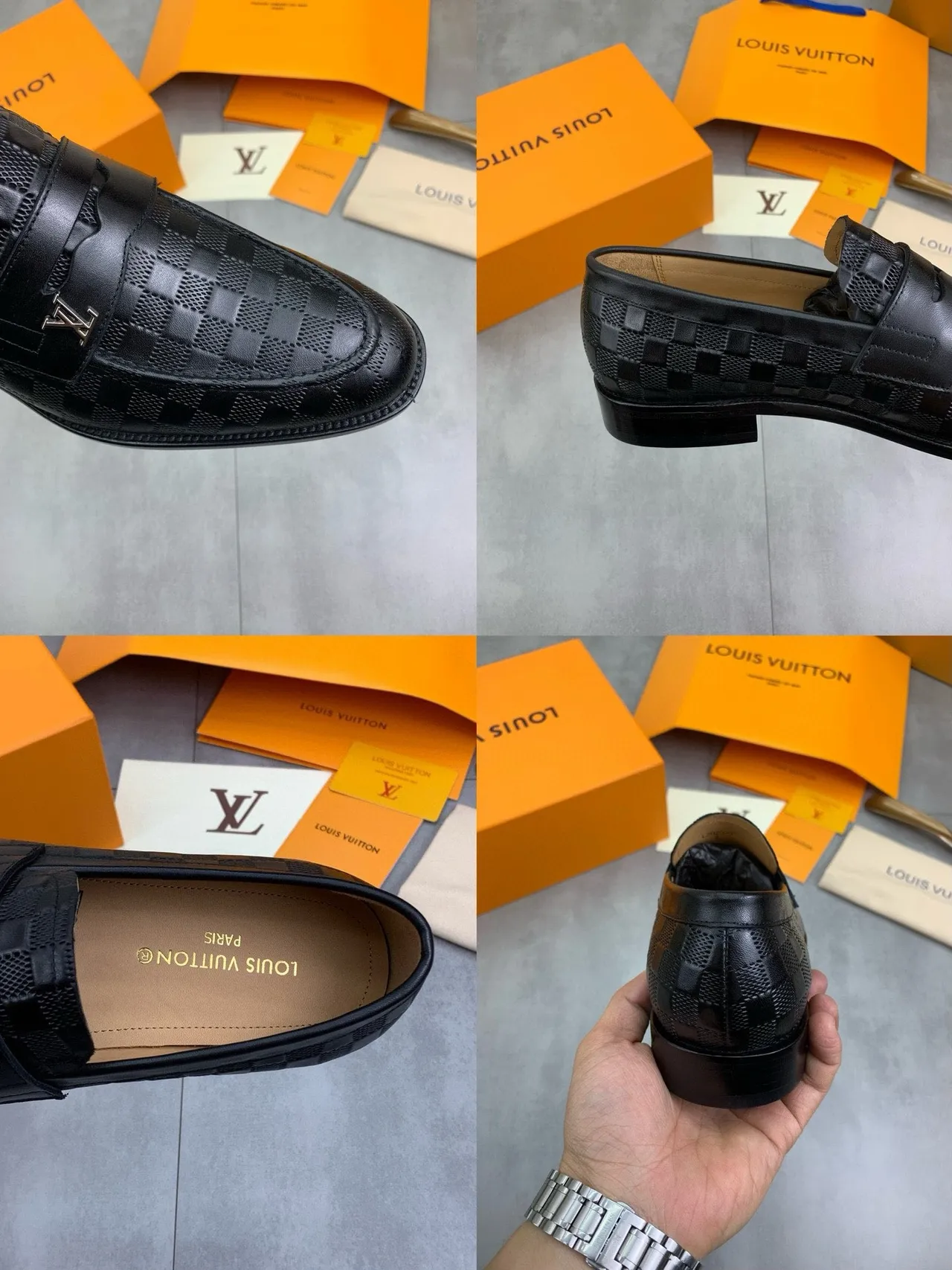 Louis Vuitton Damier Graphite Noir Beige Cuir Perforé à damier Métal LV Boucle Sangle Mocassins 3