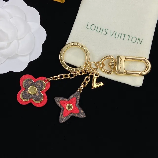 Louis Vuitton Porte-Clés Fleur Rouge Marron Matériel Doré Cuir Monogram Recouvert Sac à Main 5