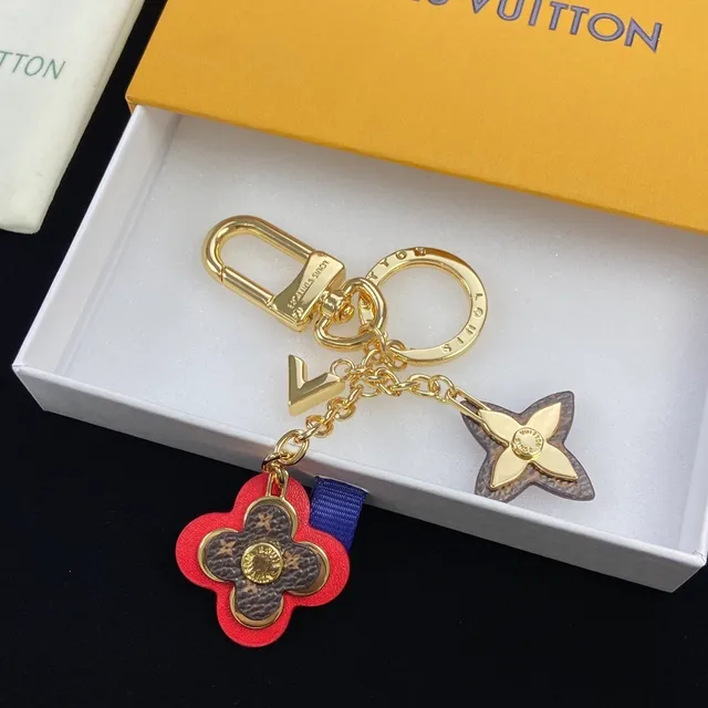 Louis Vuitton Porte-Clés Fleur Rouge Marron Matériel Doré Cuir Monogram Recouvert Sac à Main 6