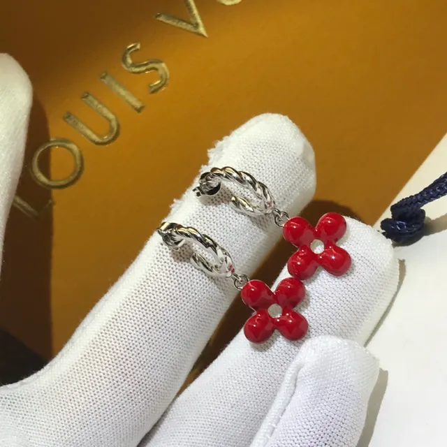 Louis Vuitton Flower Motif Red Gold Twisted Rope Hoop Enamel Charm Earrings 2