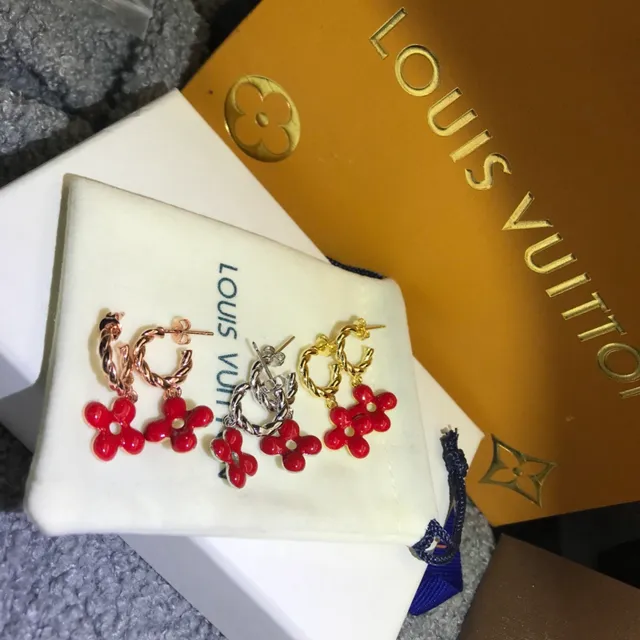 Louis Vuitton Flower Motif Red Gold Twisted Rope Hoop Enamel Charm Earrings 3