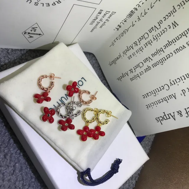 Louis Vuitton Flower Motif Red Gold Twisted Rope Hoop Enamel Charm Earrings 6