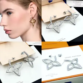 Louis Vuitton Flower Silver Gold Openwork Leaf Silhouette Pavé-Set Edges Earrings