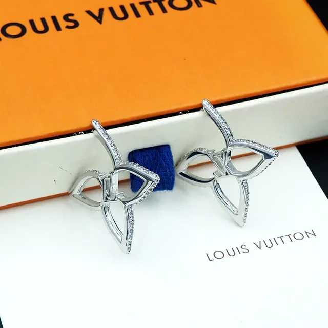 Louis Vuitton Flower Silver Gold Openwork Leaf Silhouette Pavé-Set Edges Earrings 6