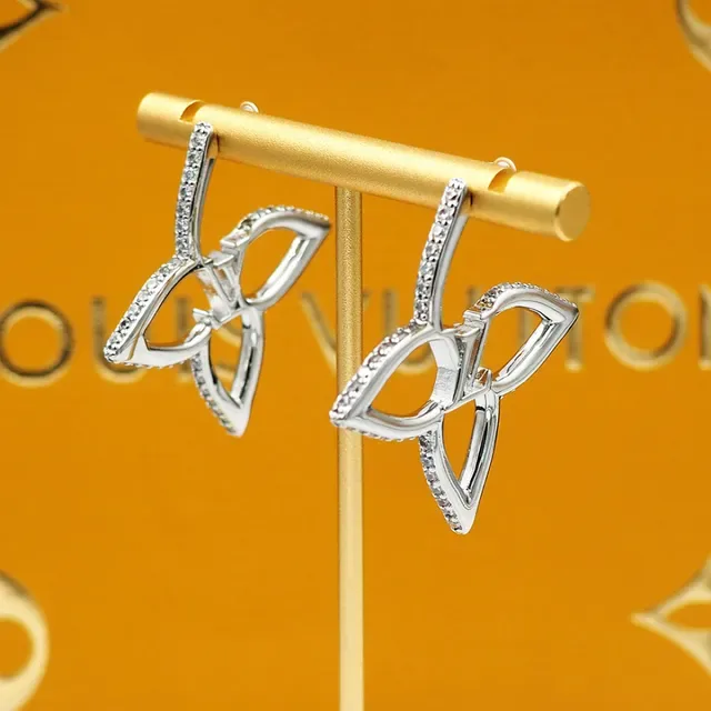 Louis Vuitton Flower Silver Gold Openwork Leaf Silhouette Pavé-Set Edges Earrings 10