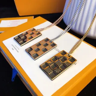 Louis Vuitton Gold Black Rectangular Pendant Grid-Patterned Surface Necklace
