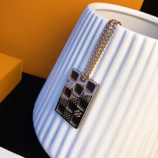 Louis Vuitton Gold Black Rectangular Pendant Grid-Patterned Surface Necklace 3