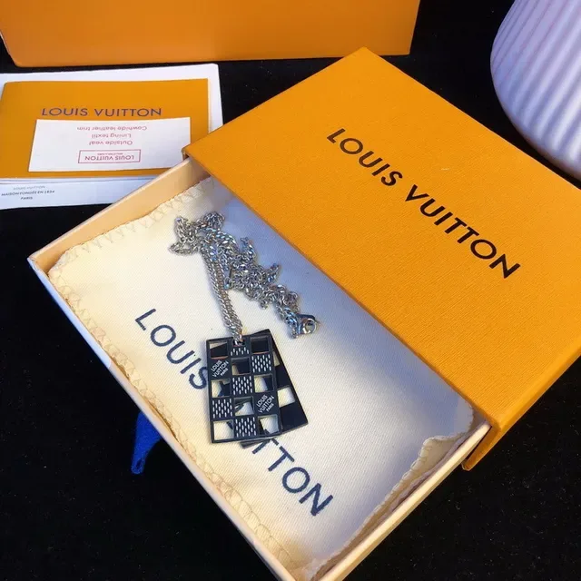 Louis Vuitton Gold Black Rectangular Pendant Grid-Patterned Surface Necklace 6