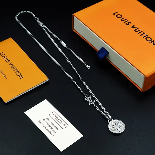Louis Vuitton Gold Silver Curb Chain Monogram Pendant Necklace 6