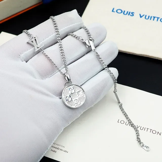 Louis Vuitton Gold Silver Curb Chain Monogram Pendant Necklace 7