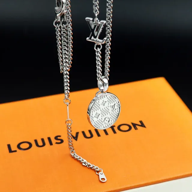 Louis Vuitton Gold Silver Curb Chain Monogram Pendant Necklace 9